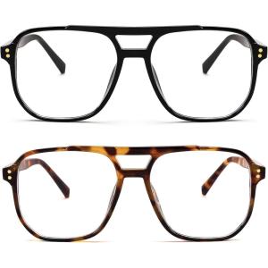 FEISEDY Blue Light Blocking Glasses Fake Nerd Clear Square Computer Lightweight Pilot Glasses Frame Oversized B2866(2pack Black+leopard)