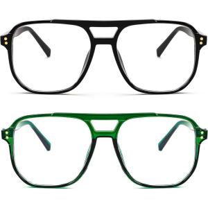 FEISEDY Blue Light Blocking Glasses Fake Nerd Clear Square Computer Lightweight Pilot Glasses Frame Oversized B2866(2pack Black+transparent Green)