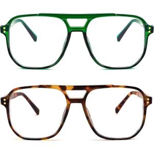 FEISEDY Blue Light Blocking Glasses Fake Nerd Clear Square Computer Lightweight Pilot Glasses Frame Oversized B2866(2pack Transparent Green+leopard)