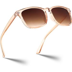 FEISEDY Classic Bifocal Reader Sunglasses for Women Men Square Blue Light Reading Glasses B0231(Champagne Frame-gradient Tea Lens)