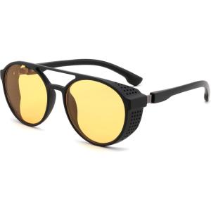 FEISEDY Classic Steampunk Sunglasses for Men Women Retro Round Gothic Shades Eyewear UV400 Protection B2957(Black Frame Yellow Lens)