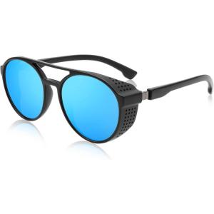 FEISEDY Classic Steampunk Sunglasses for Men Women Retro Round Gothic Shades Eyewear UV400 Protection B2957(Blue Mirror Lens)