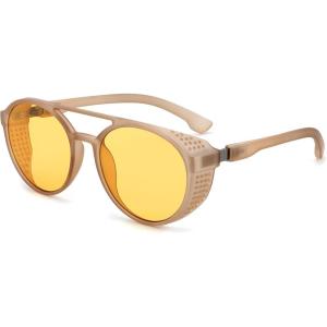 FEISEDY Classic Steampunk Sunglasses for Men Women Retro Round Gothic Shades Eyewear UV400 Protection B2957(Clear Tea Frame Yellow Lens)