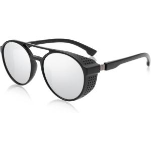 FEISEDY Classic Steampunk Sunglasses for Men Women Retro Round Gothic Shades Eyewear UV400 Protection B2957(White Mirror Lens)