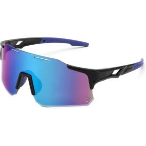 FEISEDY Cycling Glasses Sports Sunglasses for Men Women, Youth Kids Baseball Softball Running Sunglasses B0223(Black Frame Blue Mirrored Lens)