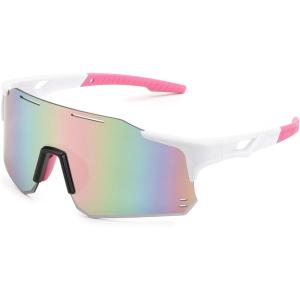FEISEDY Cycling Glasses Sports Sunglasses for Men Women, Youth Kids Baseball Softball Running Sunglasses B0223(White Frame Pink Mirrored Lens)