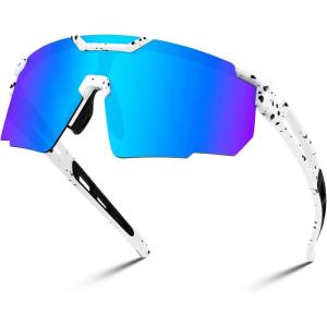 FEISEDY Cycling Sunglasses for Men Women, Sport Sunglasses for Baseball Softball Running Fishing Golf UV400 B0167(White Frame Blue Mirrored Lens)