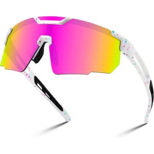 FEISEDY Cycling Sunglasses for Men Women, Sport Sunglasses for Baseball Softball Running Fishing Golf UV400 B0167(White Frame Pink Mirrored Lens)