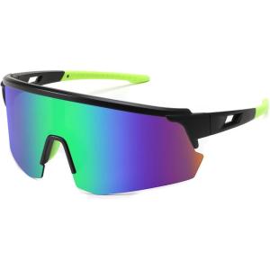 FEISEDY Cycling Sunglasses for Men Women, Sports Glasses for Youth Running Baseball Shades UV400 Protection B0108(Black Frame & Green Mirror Lens)