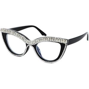 FEISEDY Diamond Blue Light Blocking Glasses Cat Eye Rhinestone Women Oversized Anti Eyestrain Computer Glasses Frame B2358(Stripe Diamond)