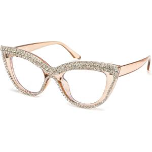 FEISEDY Diamond Blue Light Blocking Glasses Cat Eye Rhinestone Women Oversized Anti Eyestrain Computer Glasses Frame B2358(Tea Diamond)