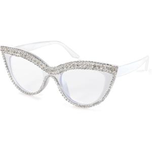 FEISEDY Diamond Blue Light Blocking Glasses Cat Eye Rhinestone Women Oversized Anti Eyestrain Computer Glasses Frame B2358(White Diamond)
