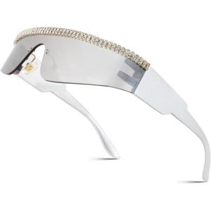 FEISEDY Futuristic Visor Punk Sunglasses Rimless One Piece Goggles Miorred Shades Women Men B2927(Jeweled Frame Sliver Mirrored Lens 004)