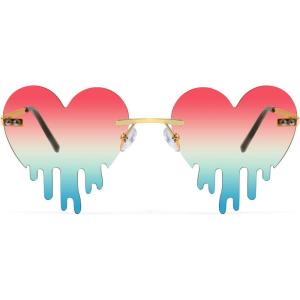 FEISEDY Heart Sunglasses for Women Men Rimless Irregular Heart Shaped Metal Frame Party Halloween Colorful Glasses B4058(Pink/Green)