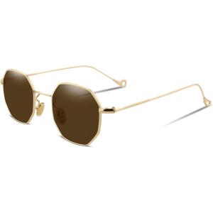 FEISEDY Hipster Small Polygon Women Men Sunglasses Delicate Metal Frame B2254(Golden Frame Brown Lens)