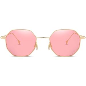 FEISEDY Hipster Small Polygon Women Men Sunglasses Delicate Metal Frame B2254(Golden Frame Pink Lens)