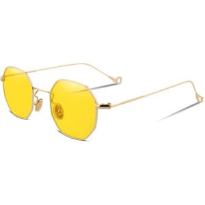 FEISEDY Hipster Small Polygon Women Men Sunglasses Delicate Metal Frame B2254(Golden Frame Yellow Lens)
