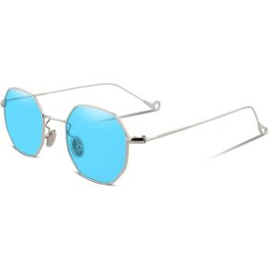 FEISEDY Hipster Small Polygon Women Men Sunglasses Delicate Metal Frame B2254(Silver Frame Blue Lens)