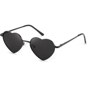 FEISEDY Kids Polarized Heart Sunglasses for Girls & Boys, Sweet Lovely Metal Frame UV400 Protection for Age 5-10 B2851(001 Black Frame/Gray Lens/Black Temples)