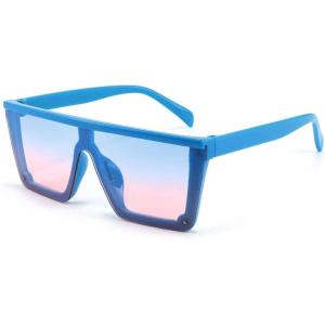 FEISEDY Kids Sunglasses, Flat Top Shield Square Sunglasses with Rimless Fashion Shades for Age 1-7, B4061(Blue Frame/Blue Pink Lens)