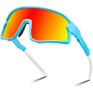 FEISEDY Kids Sunglasses Polarized Youth Baseball Sunglasses Sports Cycling Glasses for Boys Girls Age 4-8 B0183(Blue Frame Red Mirrored Lens)