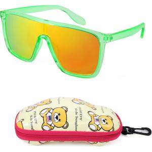 FEISEDY Kids Sunglasses for Girls Fashion Cute Boys Teenagers Glasses One Piece UV400 B2812(Transparent Green Frame & Red Mirror Lens)