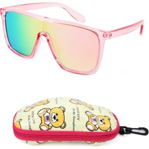 FEISEDY Kids Sunglasses for Girls Fashion Cute Boys Teenagers Glasses One Piece UV400 B2812(Transparent Pink Frame & Pink Mirror Lens)