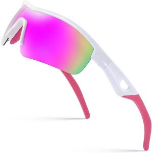 FEISEDY Men Sunglasses, Polarized Cycling Sunglasses, UV400 Sports Baseball Running Fishing Hiking Shades B2372(005 White Frame & Pink Mirror)