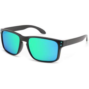 FEISEDY Men Sunglasses Polarized,Square Vintage Cycling Running Fishing Golf Hiking Sports Sun Glasses B0080(Polarized Green Mirrored Lenses With Black Temples 002)