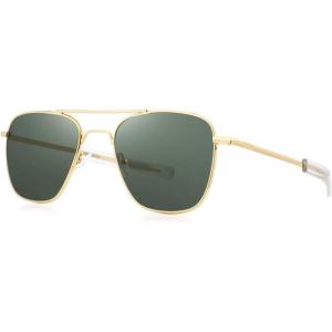 FEISEDY Mens Aviator Sunglasses Polarized Military Pilot Frame with Bayonet Temples B2623(002 Gold Frame Green Lens)