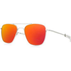 FEISEDY Mens Aviator Sunglasses Polarized Military Pilot Frame with Bayonet Temples B2623(005 Silver Frame Red Mirrored Lenses)