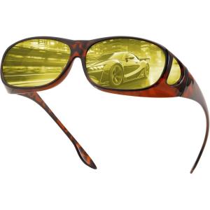 FEISEDY Night Driving Glasses,Men Women Fit Over Sunglasses, Anti Glare Polarized HD Night Vision Glasses Yellow Lens B0221(Leopard Frame Night Vision Yellow Lenses)