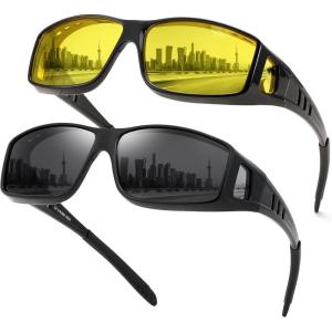 FEISEDY Night Driving Sunglasses Polarized Fit Over Sunglasses for Men, Yellow Lenses, Anti Glare Glasses B0225(Black Frame*2(yellow+grey Lens))