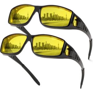 FEISEDY Night Driving Sunglasses Polarized Fit Over Sunglasses for Men, Yellow Lenses, Anti Glare Glasses B0225(Black*2)