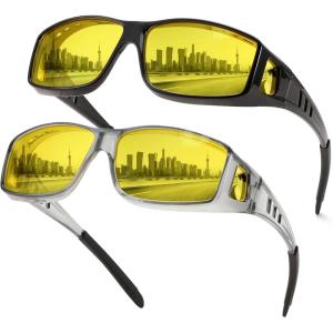FEISEDY Night Driving Sunglasses Polarized Fit Over Sunglasses for Men, Yellow Lenses, Anti Glare Glasses B0225(Black+grey)