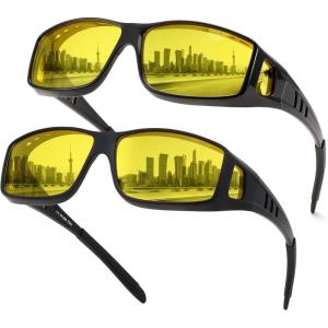 FEISEDY Night Driving Sunglasses Polarized Fit Over Sunglasses for Men, Yellow Lenses, Anti Glare Glasses B0225(Black+matte Black)