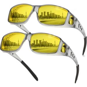 FEISEDY Night Driving Sunglasses Polarized Fit Over Sunglasses for Men, Yellow Lenses, Anti Glare Glasses B0225(Grey*2)