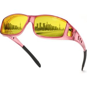FEISEDY Night Driving Sunglasses Polarized Fit Over Sunglasses for Men, Yellow Lenses, Anti Glare Glasses B0225(Pink *1)