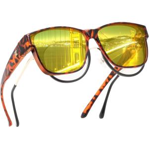 FEISEDY Night Vision Driving Glasses Anti Glare Fit Over Glasses for Men Women Polarized Nighttime B0250(Brown Tortoise Frame & Yellow Lens)