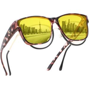 FEISEDY Night Vision Driving Glasses Anti Glare Fit Over Glasses for Men Women Polarized Nighttime B0250(Khaki Tortoise Frame & Yellow Lens)