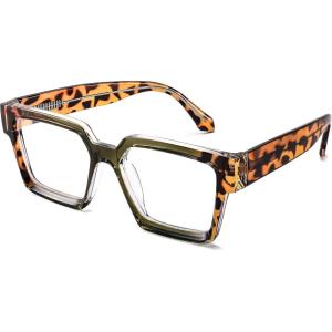 FEISEDY Oversized Blue Light Glasses for Women Men TR90 Retro Square Anti Eyestrain Glasses Rectangle Fashion Frame B0037(005 – Green Leopard)