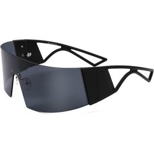 FEISEDY Oversized Flat Top Futuristic Wrap Sunglasses One Piece Goggles for Women Men Fashion Shades B4054(Black Frame/Grey Lens)