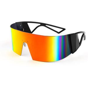 FEISEDY Oversized Flat Top Futuristic Wrap Sunglasses One Piece Goggles for Women Men Fashion Shades B4054(Black Frame/Red Mirror Lens)