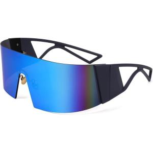 FEISEDY Oversized Flat Top Futuristic Wrap Sunglasses One Piece Goggles for Women Men Fashion Shades B4054(Blue Frame/Blue Mirror Lens)