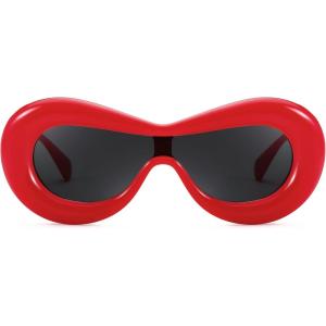 FEISEDY Oversized Inflated Oval Sunglasses for Women Men Fashion Thick Frame Y2K Glasses Funny Aesthetic Shades B9088 (Red, 60MM)
