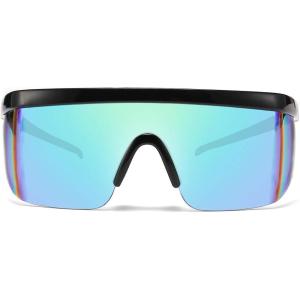 FEISEDY Oversized Mirror Shield Sport 80s Sunglasses Ski Goggles Flat Top One Piece Futuristic Visor Women Men B2522(Bright Black Frame Green Mirrored Lens)