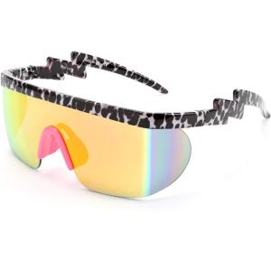 FEISEDY Oversized Mirror Shield Sport 80s Sunglasses Ski Goggles Flat Top One Piece Futuristic Visor Women Men B2522(C02 Leopard)