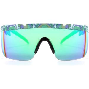 FEISEDY Oversized Mirror Shield Sport 80s Sunglasses Ski Goggles Flat Top One Piece Futuristic Visor Women Men B2522(C05 Green Marble)