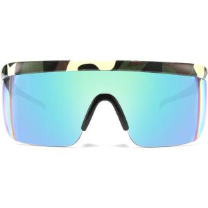 FEISEDY Oversized Mirror Shield Sport 80s Sunglasses Ski Goggles Flat Top One Piece Futuristic Visor Women Men B2522(Camouflage Frame Green Mirrored Lens)