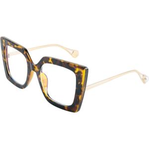 FEISEDY Oversized Square Blue Light Blocking Glasses Eye Strain Glare Pearl Inlay Arm Cat Eye Fashion Eyewear B2639(Leopard)